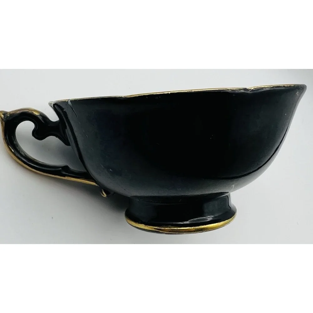 Trimont Teacup Saucer Set Black Gold Moriage Jeweled Floral Japan Vintage China